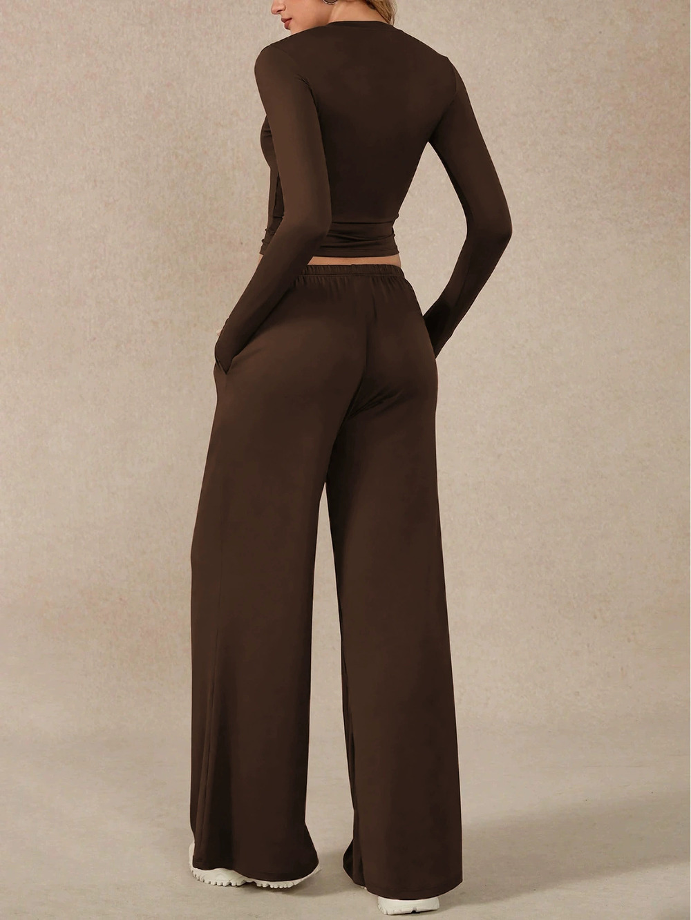 ZARA Relaxed Brown Long Sleeve Crop Top Wide Leg Pants 2-Piece Set - Picture 2 of 6